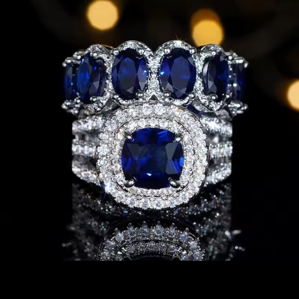 2pcs Luxury Jewelry Trendy Set Rings Dark Blue Cubic Zirconia Gorgeous Wedding